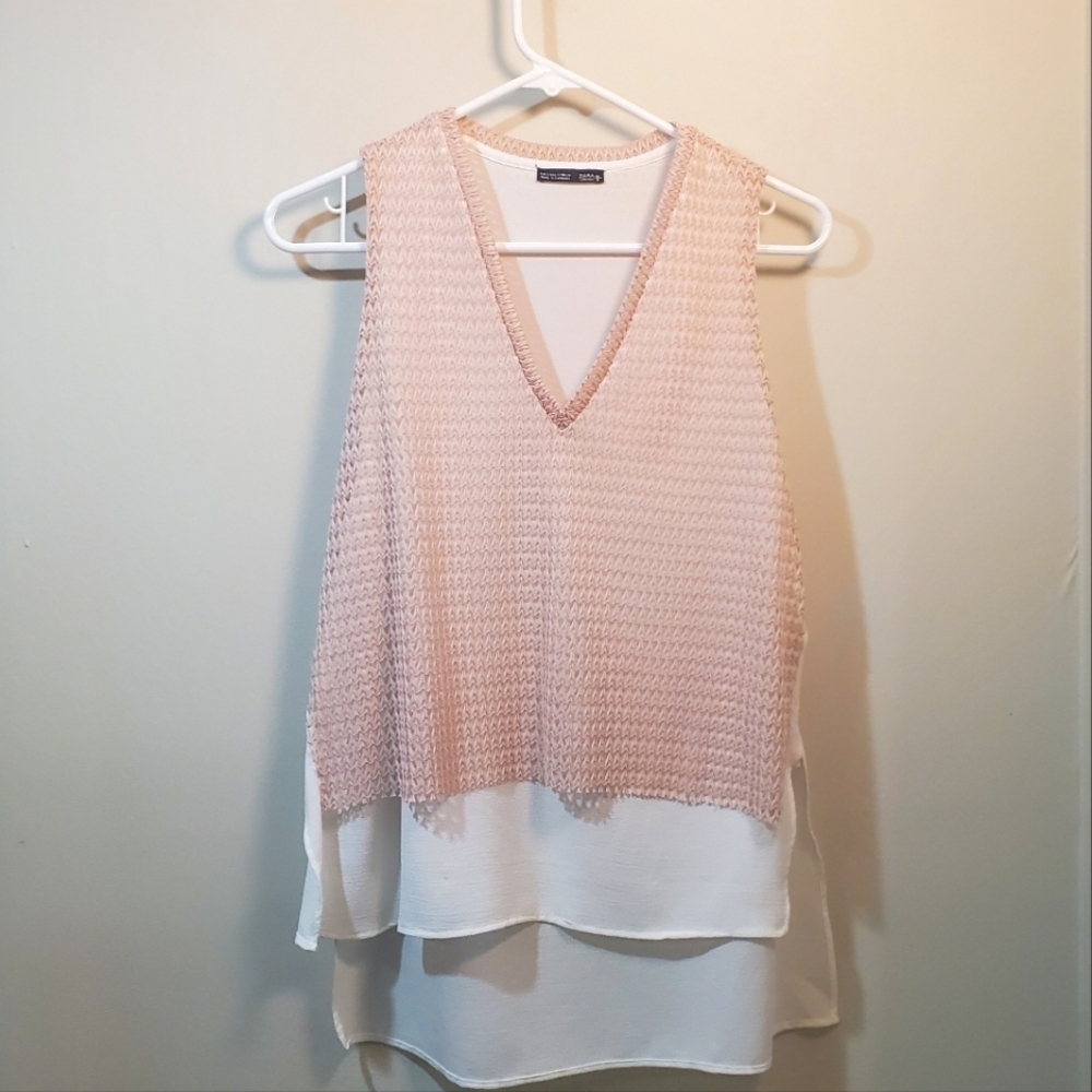 ZARA WB COLLECTION Layered Textured Mesh Sleeveless Top Size Sm Pink White EUC